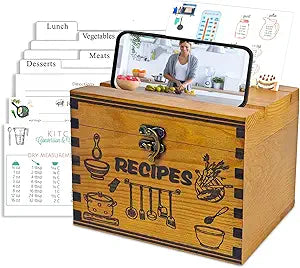 Wooden Recipe Box with Cards and Dividers, Recipe Card Box Set