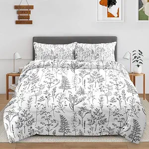 3Pcs Queen Size Comforter Set, Black White Herbs Botanical Wildflowers Leaf, Bedding Decor Cute Garden Flowers Floral Herbal Plant Gray for Kids and Adults, Soft Cozy Bedroom Bed Set