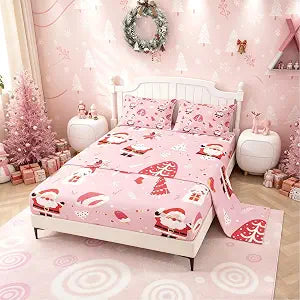 Feelyou Santa Claus Sheet Set Cute Rabbit Kawaii Pink Bed Set for Kids Boys Girls Decor Merry Christmas Bed Sheets Girly Pink Sheets Bedroom Collection 4Pcs Full Size