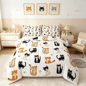 jejeloiu Cat Comforter Set Cats Print Bedding Set Twin Size 2 Pcs