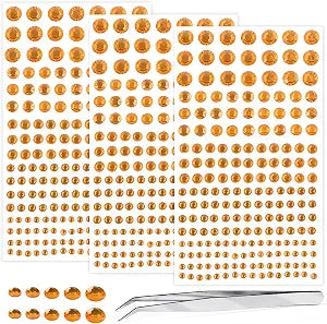 Self Adhesive Face Gems and Pearls for Makeup, Festival Jewels, Hair Gems Pearls, 3/4/5/6/8 mm Round Rhinestone Stickers for Face, Eye, Makeup, Body, Crafts 591Pcs (06_Orange)