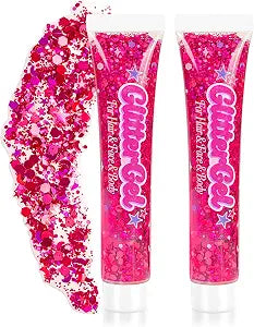 Pink Hair & Face Glitter Gel 2-Pack,Self-Adhesive Cosmetic Glitter for Kids