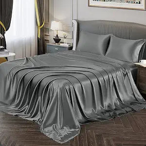 Vonty Satin Cal King Grey Sheets, Fitted + Flat + 2 Pillowcases