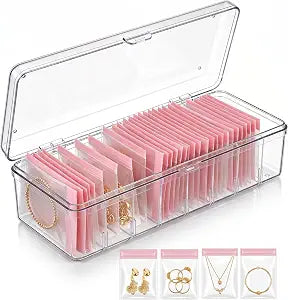 YOJO Jewelry Organizer and Storage Box with 30 Pcs Anti Tarnish Bags, Clear Acrylic Case with 7 Adjustable Dividers for Earrings Necklaces Rings, Jewelry Display & Portable Travel Case (Box&S)