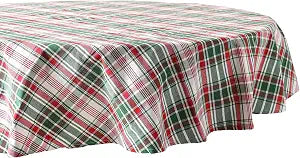 DII Yuletide Plaid Christmas Collection Holiday Dining Table Linen, Tablecloth, 70" Round, Forest Green & Maroon