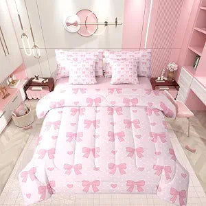 Feelyou Pink Bow Comforter Set Twin Size Kids Boys Girls Cute Dreamy Kawaii