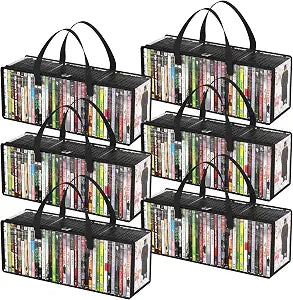 Lifewit DVD Storage Bags, Clear PVC DVD Case Holder with Handles, Front Window Zipper Design, Stackable Media Organizer for Blu-ray Disc, Movie Cases, VHS Box, Holds 210 Discs (35 Each), 6 Pack