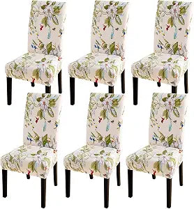 SearchI Dining Room Chair Covers Slipcovers Set of 6, Spandex Super Fit Stretch Removable Washable Kitchen Parsons Chair Covers Protector for Dining Room,Hotel,Ceremony,Beige+Flowers