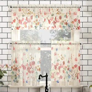 No. 918 Rosalind Watercolor Floral Semi-Sheer Rod Pocket Kitchen Curtain Valance and Tiers Set, 54" x 36", Poppy Red