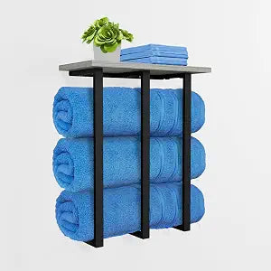 Towel Rack Wall Mounted with Shelf, Beautiful Storage for Small Bathroom, Neat Organizer for Rolled Towels, 3 Sturdy Iron Bars & Holds 25kg Weight