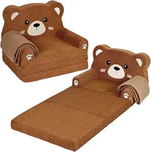 Foryoomi Kids Couch, 2-in-1 Soft Toddler Couch Fold Out with Blanket, Chair Comfy, Foldable Convertible Plush Sofa, Gifts for Kids Girl Boys, Bear
