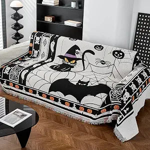 EVENHUG Halloween Theme Sofa Covers with Tassels Reversible Couch Cover for Pets Dogs Halloween Home Decoration Sofa Slipcover for 2-3 Cushion Couch Washable Chenille Couch Protector (71" X102")