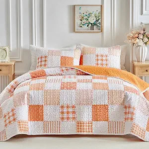 Flysheep Plaid Patchwork Quilt Set Twin Size, 2 Pieces Orange White Checkered Bedspread Coverlet Set, Lightweight Soft Microfiber Bed Cover for Kids Girls (68" x 86", 1 Quilt+ 1 Pillow Sham)