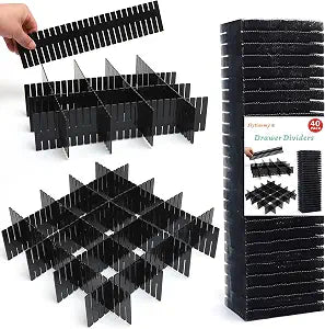 40Pcs Drawer Dividers, Adjustable Drawer Organizer for Socks, Underwear, Makeup, Can Help Tidy Kitchen, Bedroom, Dresser Black