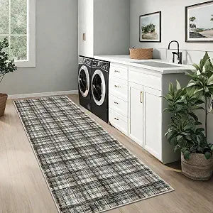 GlowSol Plaid 2x6 Runner Rug for Entryway Bathroom Washable Hallway Rugs, Modern Checkered Runner Rug Non-Slip Non-Shedding Kitchen Mat for Living Room Bedside Laundry Balcony,Teal/Black