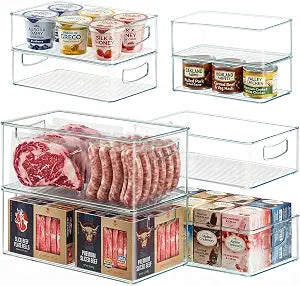 Heyuzb 8 PACK Freezer Organizer Bins Fridge Organizers and Storage Stackable Refrigerator Organizers Bins with Side Handles Clear Storage Bins for Pantry, Under Sink, Kitchen Cabinet