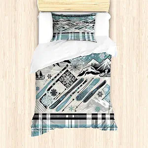 Ambesonne Christmas Duvet Cover Set, Winter Snowflakes Ornate Mountain Range with Cold Tone Plaid Lines, Decorative 2 Piece Bedding Set with 1 Pillow Sham, Twin Size, Blue Grey Eggshell White