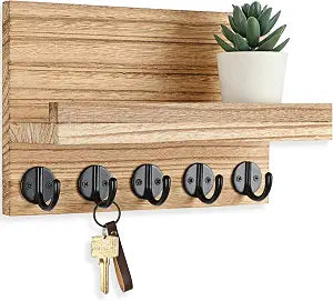 Lwenki Key Holder for Wall, Decorative Key and Mail Holder with Shelf Has Large Key Hooks for Bags, Coats Paulownia Wood Key Hanger with Mounting Hardware (9.8W x 6.7H x 4.2D) (Burnt Wood)