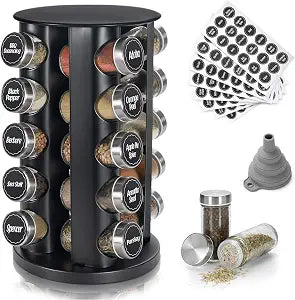 Tianifa Black Countertop Revolving Spice Rack, Empty 20-Jars Rotating Spice Rack Organizer, Round Carousel Tower, 135 Spice Labels with Funnel Complete Set, for Kitchen Countertop, Cabinet