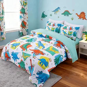 A Nice Night - for Kids Boys Dinosaurs Printed Full Bedding Set,Geometric Cube Background Design 5Pcs Bed in A Bag Size Comforter Sets, Ultra Soft with Pillowcase (White)