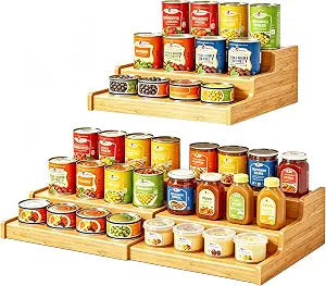 Expandable Bamboo Can Display Organizer for Pantry, 3-Tier Can Storage