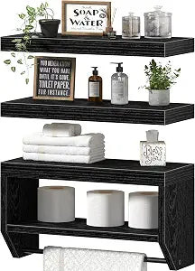 QEEIG Bathroom Wall Shelf Floating Shelves (Black, Set of 3,15.7")