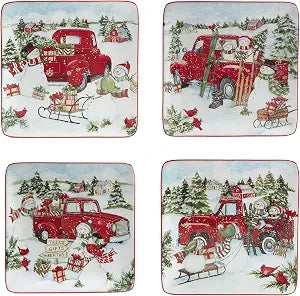 Certified International Red Truck Snowman 8.5" Salad/Dessert Plates, Set of 4, Medium