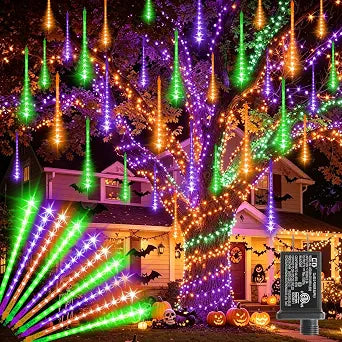 LAMPHOME Orange Purple Green Halloween Lights Outdoor,12-inch LED Meteor Shower Icicle Lights, 10 Tubes 240 LED String Lights. Waterproof Plug, Shower Rain for Xmas Tree Yard House Decor