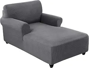FantasDecor Chaise Lounge Cover Stretch Chair Lattice Slipcover with Armrests for Living Room Bedroom Double Arm Soft Jacquard Fabric Machine Washable, Grey