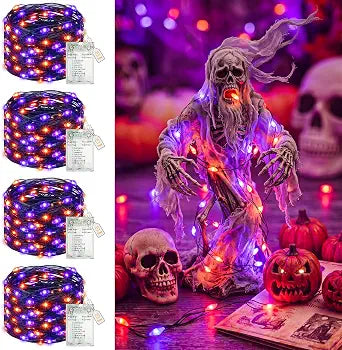 btfarm 4 Pack Halloween Fairy Lights Battery Operated Timer, Orange Purple