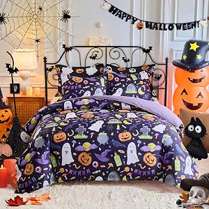 Joyreap 3pcs Halloween Duvet Cover Set Twin, Pumpkin Bat Tombstone Witch Hat Cobweb Purple Design, Soft Microfiber Comforter Cover for All Season- 68x88 inches