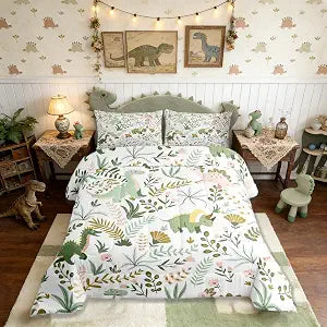 Castle Fairy Cute Dino Kids Full Size Comforter Set,Kawaii Pink Green Dinosaur Bedding Comforters Bedroom Collection,Cartoon Wildlife Floral Leaves Plant Bedding Set for Girls Teens