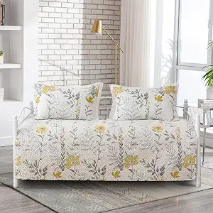 Jarson 3 Pcs Floral Daybed Cover Set Twin Size Yellow Gray White Flower Sofa Cover Bedding Sets Double Side Bed Set for All Season Botanical Pattern Daybed Quilt Set with Pillow Shams