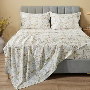 Lemfux Bed Sheet Sets Twin XL Size, 4 Pieces Cotton Brown Botanical Pattern, Khaki Floral Deep Pocket Fitted Sheet Set, 1 Flat Sheet 66"x96", 1 Fitted Sheet 39"x80", 2 Pillow Shams 20"x29"