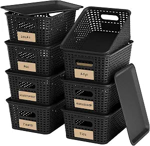 8 Pack Plastic Storage Baskets,Black Stackable Bins with Lid