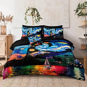 Bedrom Black Blue Galaxy Comforter Set 8 Pcs Boys Girls Abstract Bedding Set Starry Sky Outer Space Theme Fancy Celestial Bed Comforter Queen Bed in A Bag
