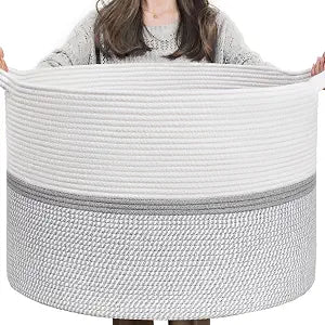 CHICVITA 85L Large Cotton Rope Blanket Basket with Handles, Grey