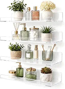 Clear Acrylic Bathroom Shelf Wall Mounted Floating Organizer with Front Lip