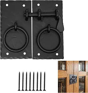 Mystic Colonial Iron Ring Cabinet Latch Set, Hand-Forged Latch, Black, Hand-Forged Iron, Black Finish, 4 1/2 4 3/8 in, Ring Handles, Slide Bolt, Hardware Included
