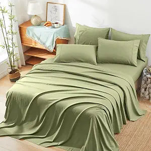 Manyshofu 70% Rayon Derived from Bamboo Sheets Queen Size Bed Sheets - 6 Piece Organic Cooling Sheets Silky Sage Green Queen Sheet Set - Soft Breathable Luxury Bedding Sheet & Pillowcases
