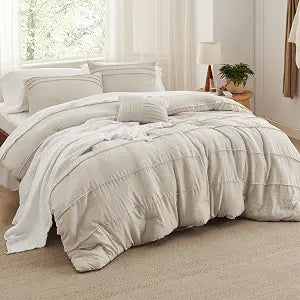 Bedsure Queen Comforter Set 4 Piece, Beige Boho, Pinch Pleat, All-Season