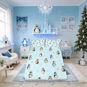 Penguin Kids Queen Size Fitted Sheet,Antarctic Animals Cute Cartoon Room Decor, Boys Girls Bed Sheets,Baby Blue Bedding Set,2 Pillowcases(No Flat)