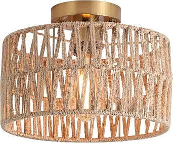 Coastal Antique Gold Woven Flush Mount Light Fixture Rustic Boho Hemp Rope Brass Semi Flush Mount Ceiling Light for Hallway Bedroom Farmhouse Kitchen Entryway Hall