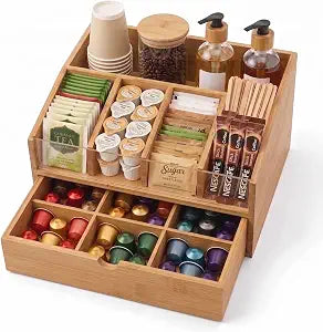Bamboo Coffee Station Organizer for Countertop, 9-Grid Drawer