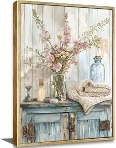 Blue Bathroom Canvas Wall Art Rustic Farmhouse Bathroom Picture Wall Decor Pink Wildflower Laundry Room Painting Poster Prints Artwork for Toilet Washroom Restroom Home Decoration