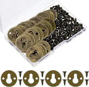 60 Pieces Round Keyhole Hangers Metal Keyhole Hanger with 120 Pieces Mounting Screws for Mirror Picture Frames (Bronze)
