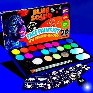 Blue Squid UV Neon Face and Body Paint Glow in the Dark Face Paint Kit 20 Colors Black Light with Stencils, Book - Safe for Sensitive Skin, Non-Toxic UV Painting Professional Accessories Kids Adults
