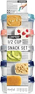 Fit & Fresh Cup Snack Set, Set of 5 Reusable Portion Control Containers, BPA-Free, Microwave/Dishwasher Safe, Multicolored Lids, 9.5" x 4.25" x 3.5", Green
