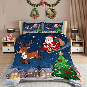 Christmas Comforter Set Twin Size Santa Claus and The Reindeer Bedding Set Christmas Quilt for Kids Bedroom Decor 1 Comforter+1 Pillow Cases