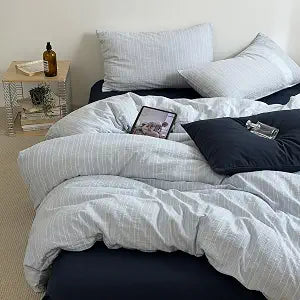 Vintage Blue Striped Duvrt Cover Full Size 3 Pieces Textured Bedding Set